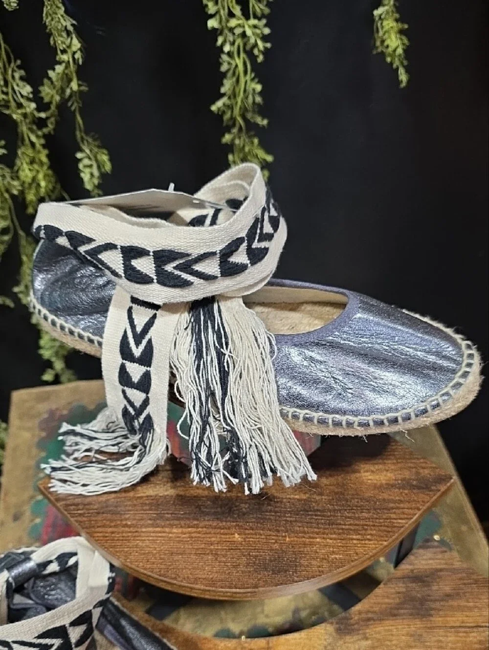 Free People Metallic Silver Espadrille Flats with Braided Ankle Wraps